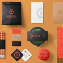 Projekt menu i materiały promocyjne restauracji VORTEX, stworzone w Affinity Publisher.