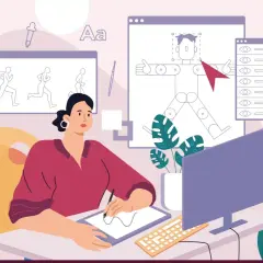 Animator tworzy postać, używając narzędzi do animacji, jak autocut, by ożywić szkice postaci w ruchu.