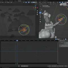 Intro do animacji samolotu wśród chmur, z widocznym wykresem ruchu i ustawieniami sceny w Blenderze.