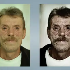 Porównanie portretów mężczyzny: przed i po użyciu programu do wyostrzania zdjęć. Detale twarzy stają się bardziej widoczne.