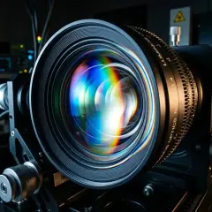 Obiektyw aparatu z tęczowymi refleksami, ukazujący, czym jest aberracja chromatyczna.