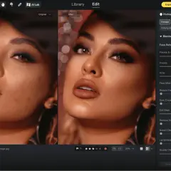 Edycja portretu w Luminar Neo: porównanie przed i po, z opcjami retuszu twarzy i usuwania niedoskonałości.