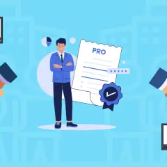 Uśmiechnięty mężczyzna w garniturze prezentuje certyfikat "PRO". Obok niego uściski dłoni i ikony wideo, sugerujące współpracę i **animate** materiały.