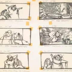 Storyboard z rysunkami postaci, sceny z życia czarownic i przygotowań do uczty.
