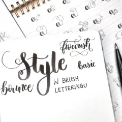 Ćwiczenia kaligraficzne: "Style", "bounce", "flourish", "basic" i litery w różnych wariantach kroju pisma.