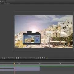 Aparat z obiektywem na tle greckich wysp, efekt "lens flare" w After Effects.