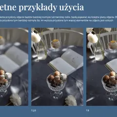 Trzy ujęcia stołu z deserem i książką, pokazujące efekt **blurowania** tła przy różnych ustawieniach przysłony: od mocno rozmytego do ostrego.