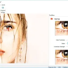 Program do usuwania czerwonych oczu pokazuje zbliżenie oka z widocznym efektem czerwonych oczu, gotowe do korekty.