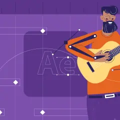 Animowany muzyk gra na gitarze, tworząc muzykę w programie After Effects. Efekt **slowmotion** podkreśla płynność animacji.