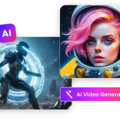 Cybernetic warrior i kosmiczna dziewczyna z różowymi włosami. Wypróbuj darmowy generator filmów AI!