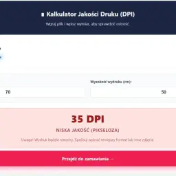Kalkulator jakości druku DPI pokazuje, jak sprawdzić rozdzielczość zdjęcia. Wpisz wymiary, by ocenić ostrość wydruku.