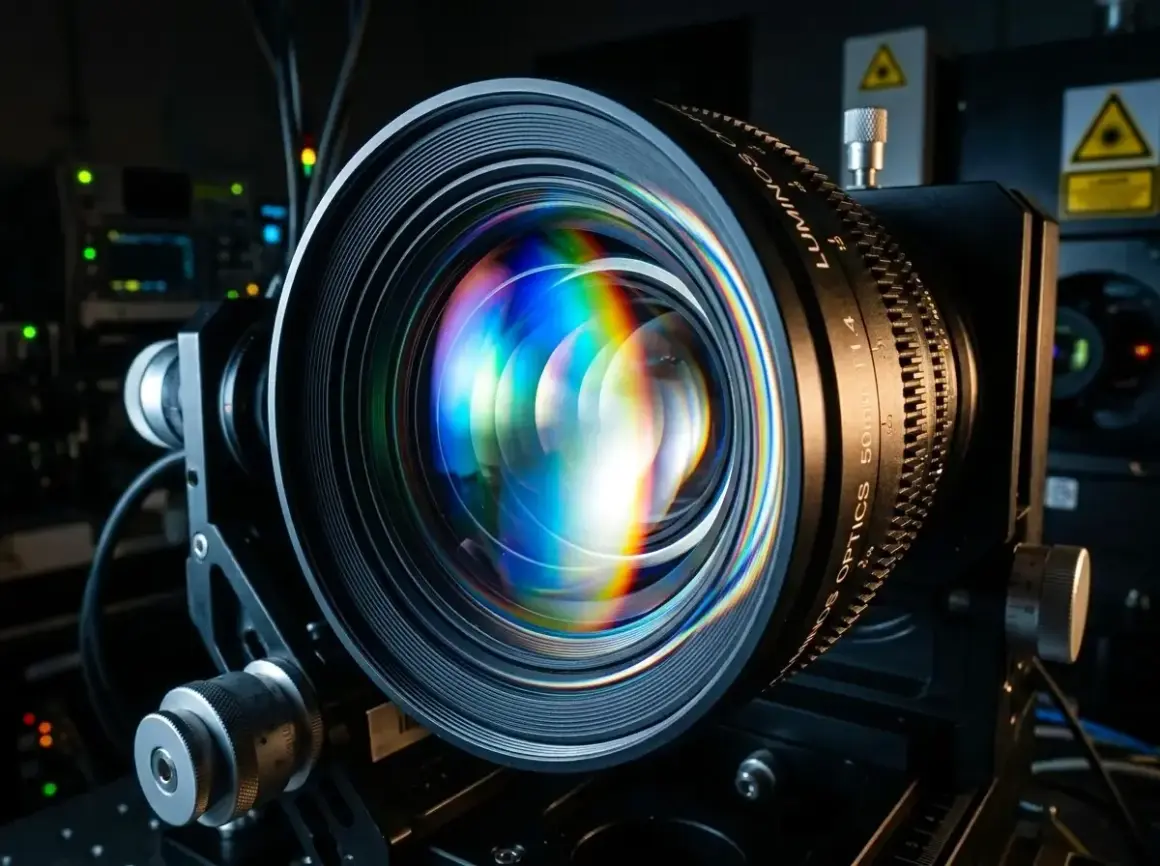 Obiektyw aparatu z tęczowymi refleksami, ukazujący, czym jest aberracja chromatyczna.