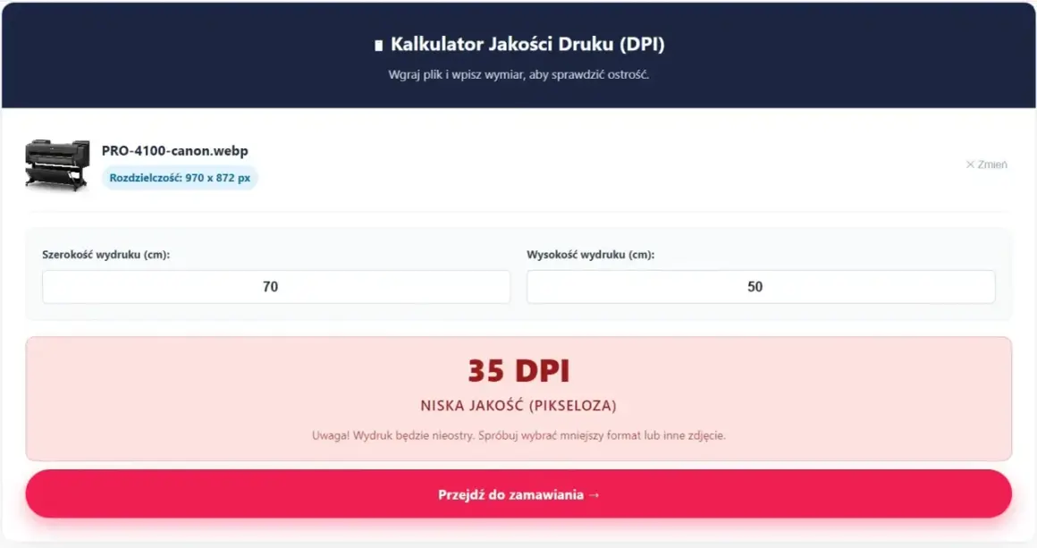 Kalkulator jakości druku DPI pokazuje, jak sprawdzić rozdzielczość zdjęcia. Wpisz wymiary, by ocenić ostrość wydruku.