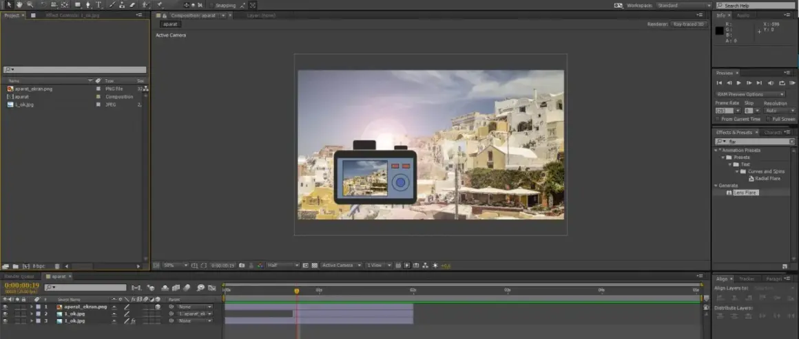 Aparat z obiektywem na tle greckich wysp, efekt "lens flare" w After Effects.
