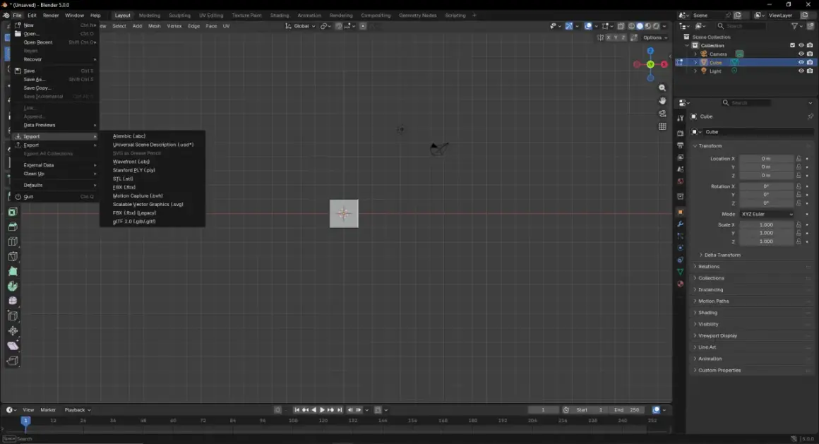 Wybór opcji "Import" w menu "File" w Blenderze, z widocznymi formatami plików, w tym .glb/.gltf, idealnymi do wymiany modeli 3D.