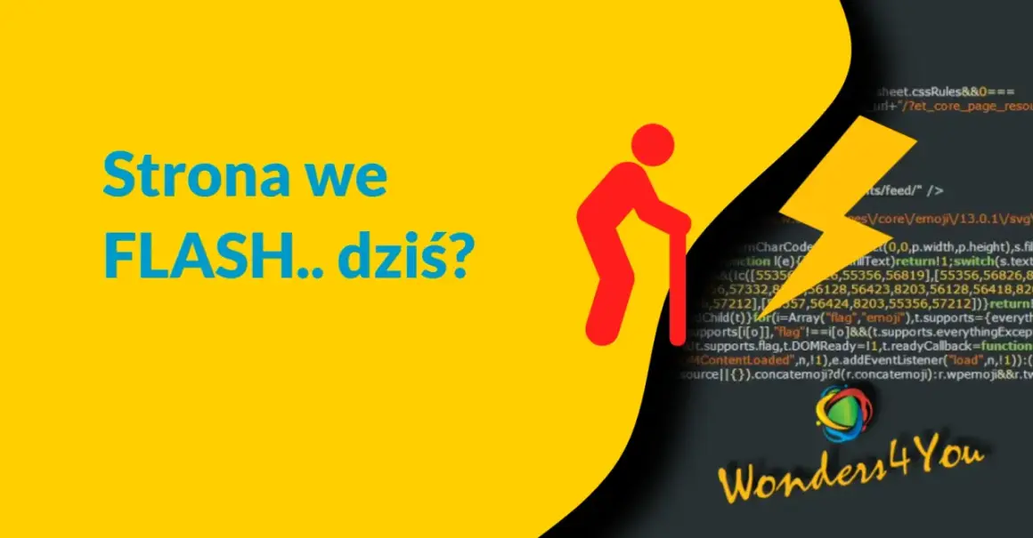 Strona we FLASH.. dziś? z ikoną staruszka i błyskawicą, sugerująca koniec ery flash animation.