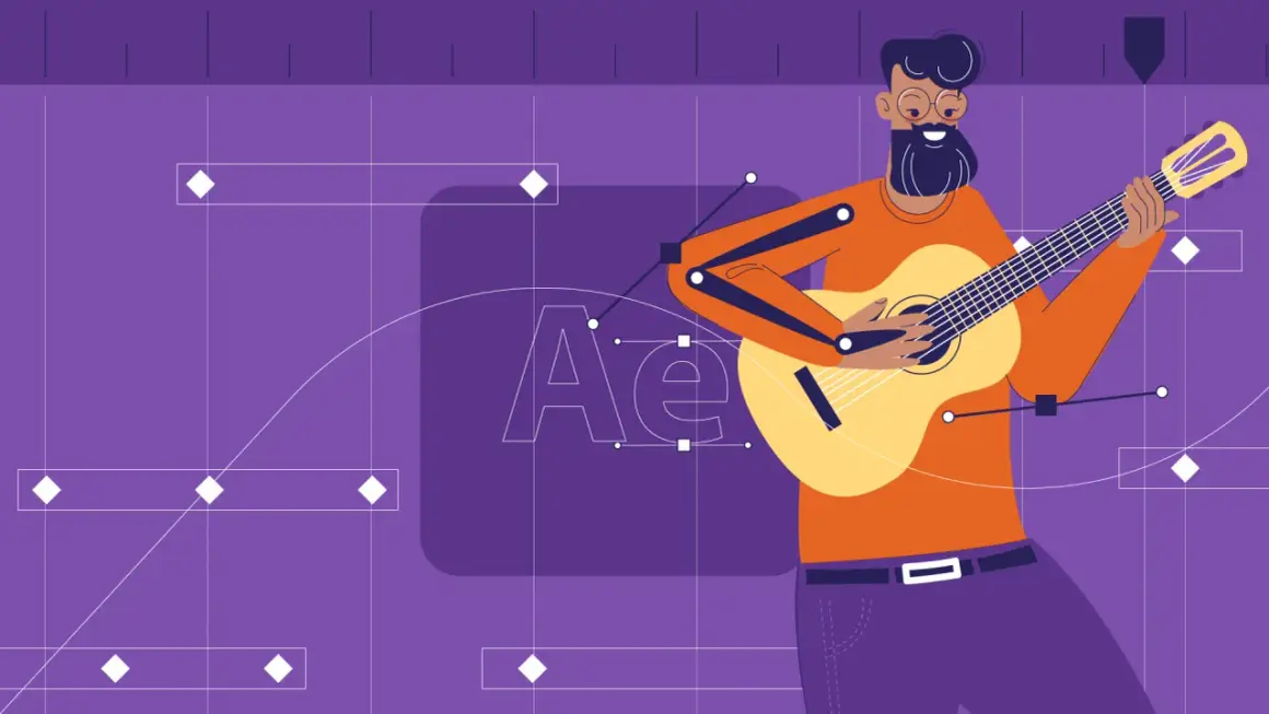 Animowany muzyk gra na gitarze, tworząc muzykę w programie After Effects. Efekt **slowmotion** podkreśla płynność animacji.