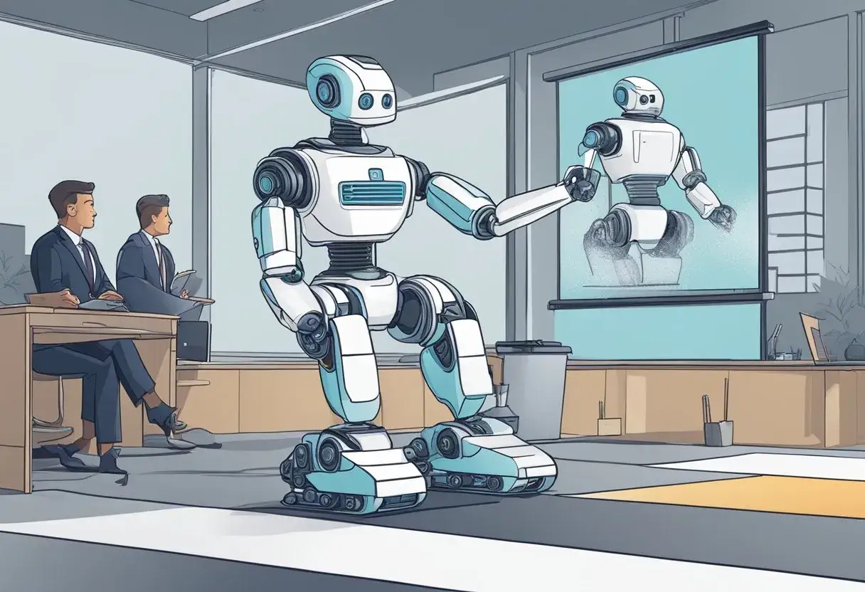 Robot prezentuje na ekranie swoje możliwości, jakby tworzył filmy AI. Dwóch mężczyzn w garniturach obserwuje go z zaciekawieniem.