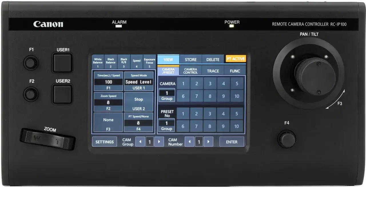 Pilot zdalnej kamery Canon RC-IP100 z ekranem dotykowym, pokrętłem Pan/Tilt i przełącznikiem Zoom. Umożliwia precyzyjne sterowanie ustawieniami kamery, w tym funkcjami z pakietu Canon EOS Utility.