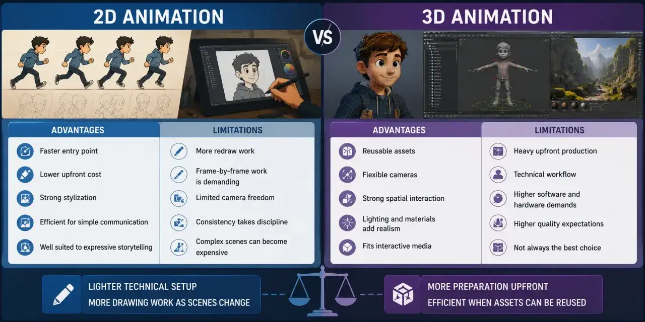 Porównanie 2D i 3D animacji. Program do animacji 2D jest prostszy, 3D oferuje więcej możliwości.