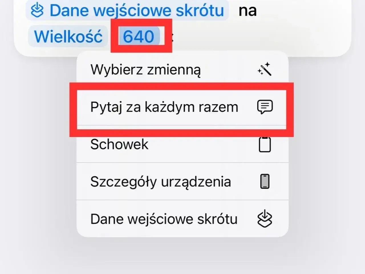 Ustawienia skrótu iPhone: 