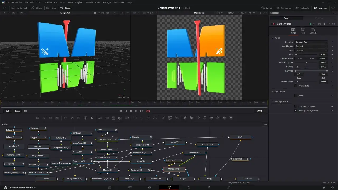 Wizualizacja w DaVinci Resolve z węzłem Merge3D1, gdzie tworzony jest efekt autocut. Widoczny jest panel Inspector z ustawieniami MatteControl1.