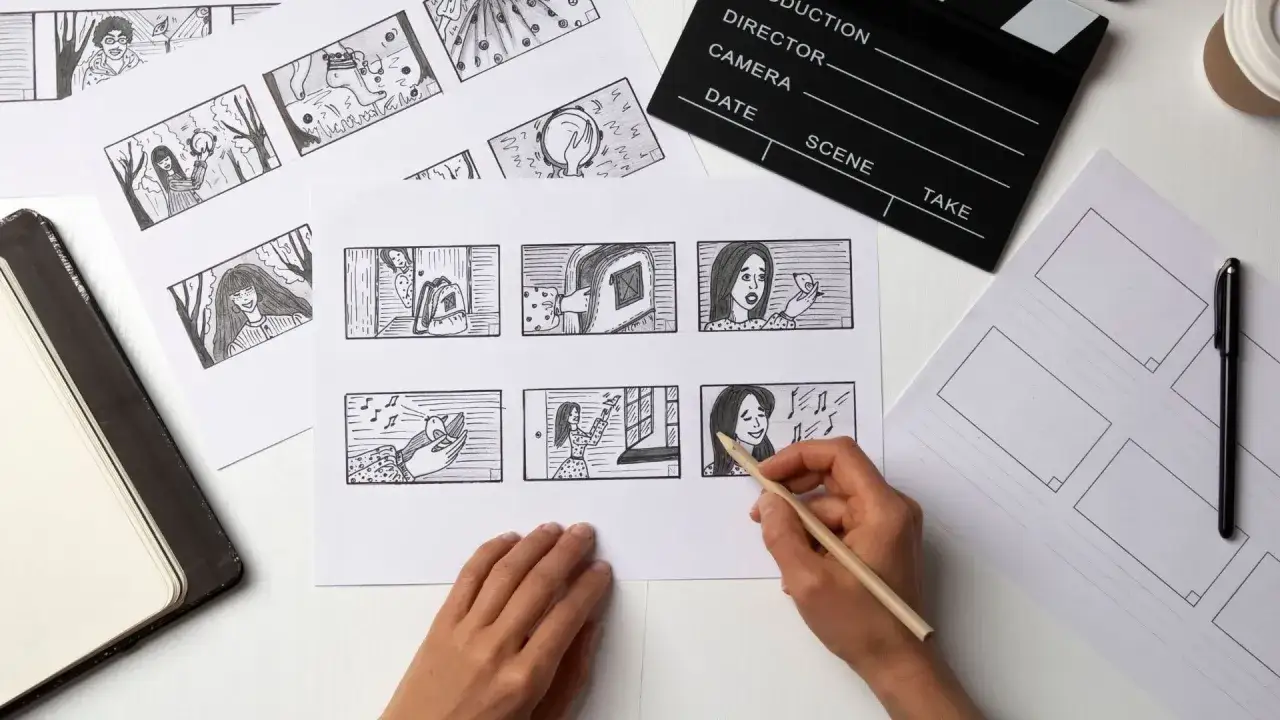 Rysowanie scenariusza filmowego. Dłonie dopracowują kolejne klatki storyboardu, obok klaps filmowy i pusty arkusz.