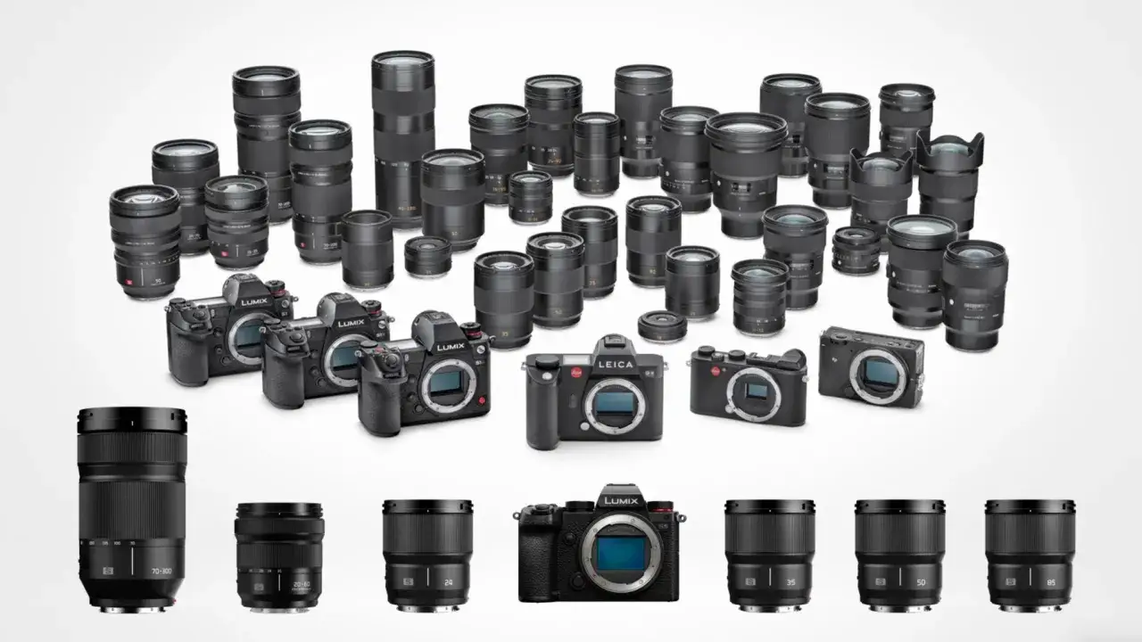 Kolekcja aparatów i obiektywów z mocowaniem L-mount, w tym modele Lumix i Leica, gotowa do tworzenia profesjonalnych zdjęć.