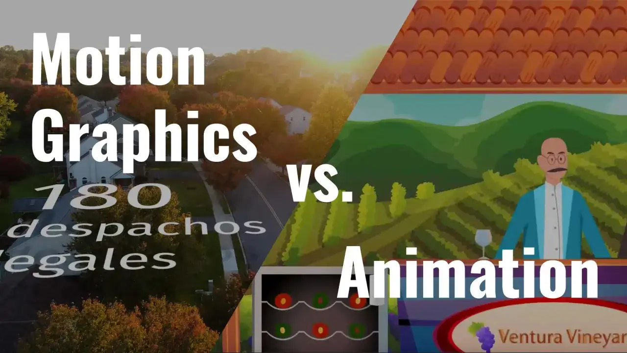 Zwiastun: Motion Graphics kontra Animacja. Po lewej ujęcie z drona na osiedle, po prawej kreskówkowa winnica.