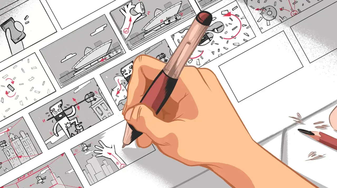 Dłoń rysuje storyboard, tworząc sekwencję klatek. Proces ten, przypominający rotoscoping, ożywia pomysły na ekranie.