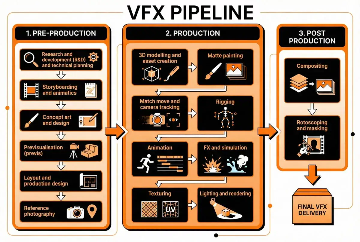 Schemat VFX Pipeline: pre-produkcja (research, storyboard, concept art), produkcja (modelowanie 3D, animacja, FX) i postprodukcja (compositing, rotoscoping).