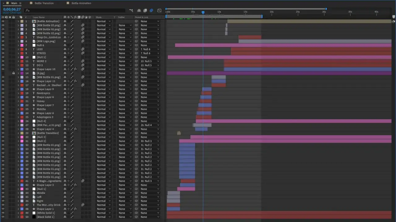 Panel After Effects z warstwami animacji butelki. Widoczne nazwy warstw, czas trwania i zależności.
