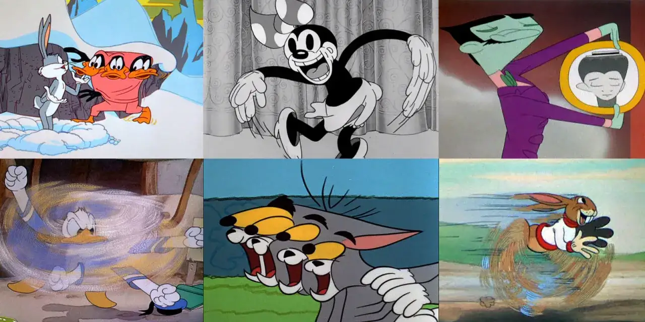 Królik i kaczki w śniegu, czarno-biała postać z rozmazanymi rękami, zielona postać z lustrem, Donald Duck w wirze, Tom z rozmazanymi oczami, królik w ruchu.