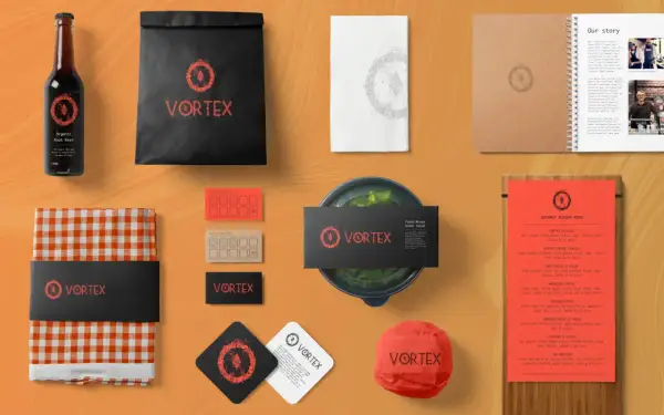 Projekt menu i materiały promocyjne restauracji VORTEX, stworzone w Affinity Publisher.