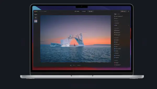 Luminar Neo edytuje zdjęcie lodowca z żaglówką. Widok narzędzi edycyjnych.
