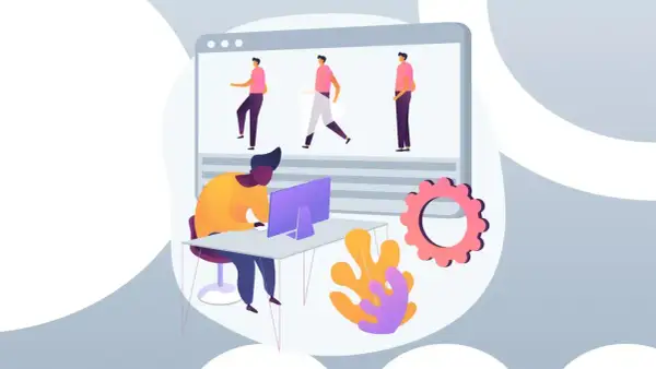 Tworzenie animacji do **explainer video**. Mężczyzna pracuje przy komputerze, tworząc ruchome postacie na ekranie.