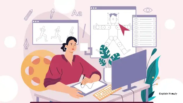 Animator tworzy postać, używając narzędzi do animacji, jak autocut, by ożywić szkice postaci w ruchu.