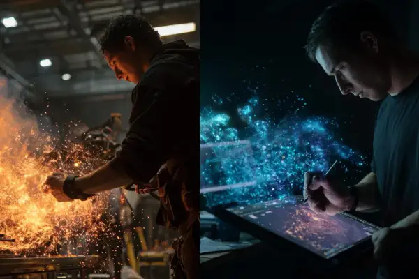 Kowal w ogniu i artysta tworzący cyfrowe efekty wizualne (vfx co to). Dwie strony kreacji.