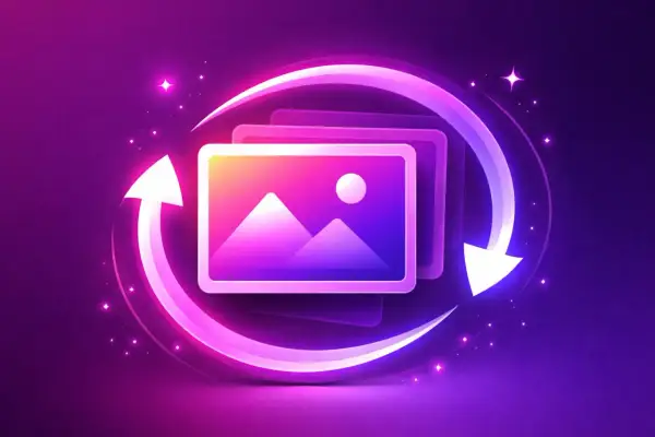 Animowane obrazy, jak zrobic gif. Kolorowe zdjęcia w ruchu, otoczone neonowym łukiem i strzałkami, symbolizujące tworzenie animacji.