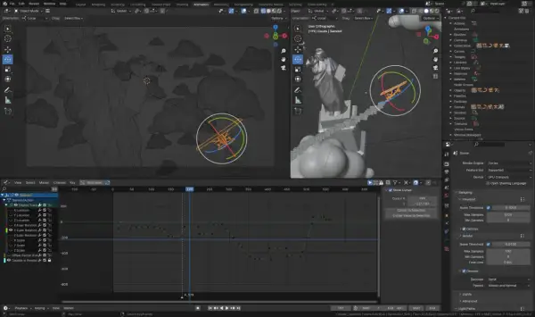 Intro do animacji samolotu wśród chmur, z widocznym wykresem ruchu i ustawieniami sceny w Blenderze.