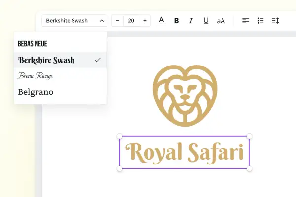 Edytor tekstu z menu wyboru czcionki, gdzie widoczny jest **znak wodny** "Berkshire Swash". Obok logo lwa i napisu "Royal Safari".