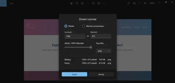 Okno dialogowe "Zmień rozmiar" pozwala na skalowanie obrazu w pikselach lub procentach. Aktualnie ustawiono 1396x672 px.