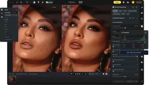 Edycja portretu w Luminar Neo: porównanie przed i po, z opcjami retuszu twarzy i usuwania niedoskonałości.