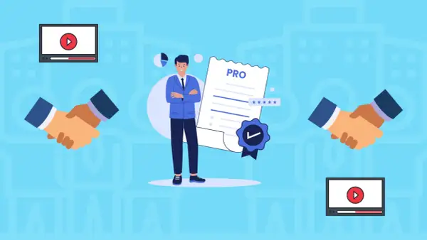 Uśmiechnięty mężczyzna w garniturze prezentuje certyfikat "PRO". Obok niego uściski dłoni i ikony wideo, sugerujące współpracę i **animate** materiały.