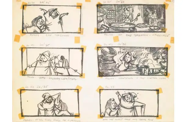 Storyboard z rysunkami postaci, sceny z życia czarownic i przygotowań do uczty.