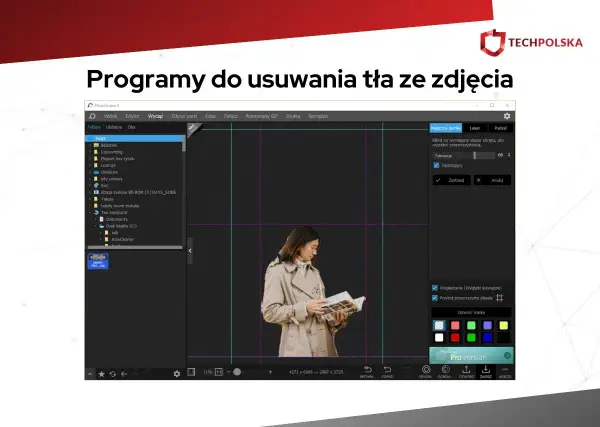 Program do usuwania tła ze zdjęcia PhotoScape X z kobietą i książką. Narzędzie "Magiczna gumka" pozwala na łatwe wycinanie elementów.