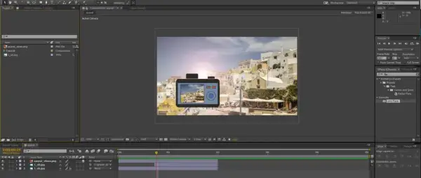Aparat z obiektywem na tle greckich wysp, efekt "lens flare" w After Effects.