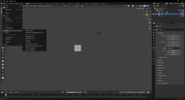 Wybór opcji "Import" w menu "File" w Blenderze, z widocznymi formatami plików, w tym .glb/.gltf, idealnymi do wymiany modeli 3D.
