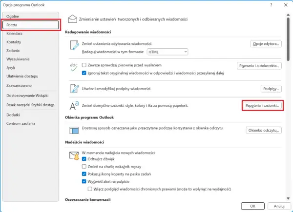 Ustawienia poczty w programie Outlook. Możliwość zmiany domyślnych czcionek, stylów i kolorów za pomocą papeterii, w tym czcionki Aptos.