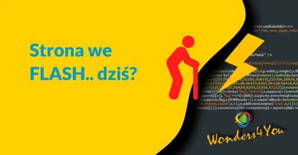 Strona we FLASH.. dziś? z ikoną staruszka i błyskawicą, sugerująca koniec ery flash animation.